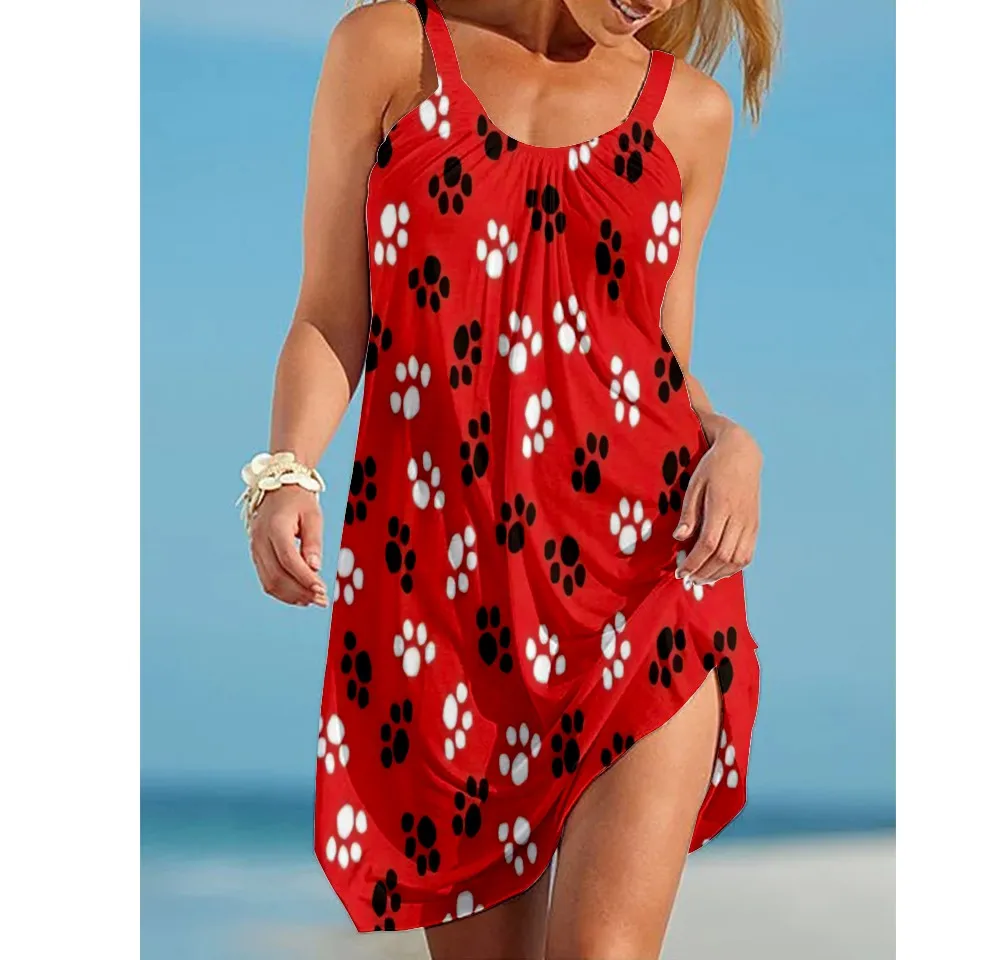 Sommer Hund Pfote Boho Strand Kleid 3D Druck Frauen Mode Ärmellose Kleider Hawaii Casual Vintage Beachwear Mädchen Sling Nacht Kleid