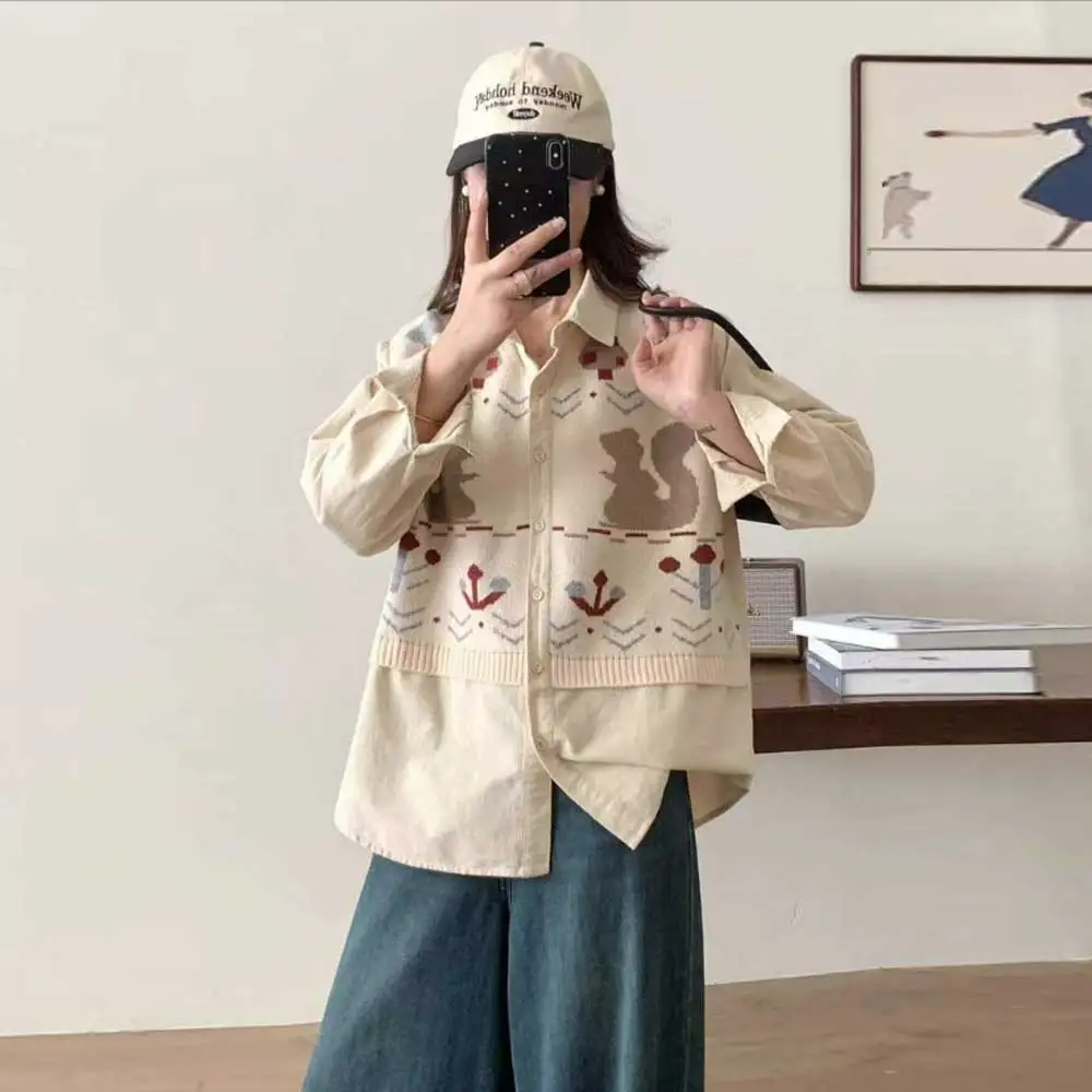 

Mori Kei Japanese Cartoon Embroidery Knit Patchwork Fake Two Pieces Brushed Cotton Shirts Women Autumn Long Sleeve Blouse Tops