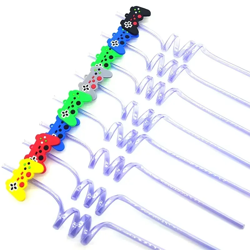 8pcs 26cm Cartoon Animals Mexico/cat/volleyball Straws Reusable Purple Plastic Spiral Drinking Straws Kids Birthday Party Decor