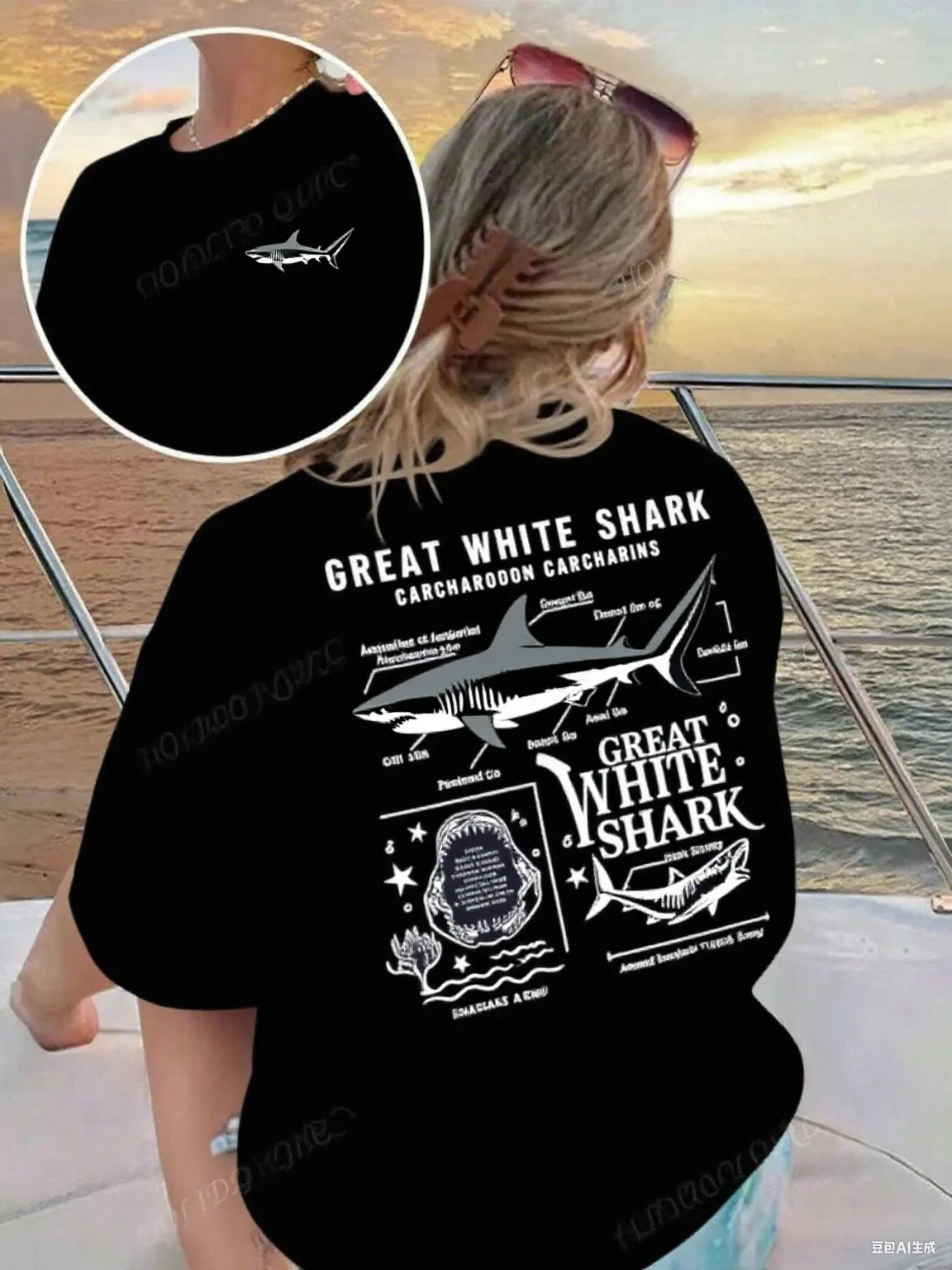 

Великая белая акула — тематическая хлопковая футболка с подробной анатомией акулы и элементами океана — предназначена для любителей акулы