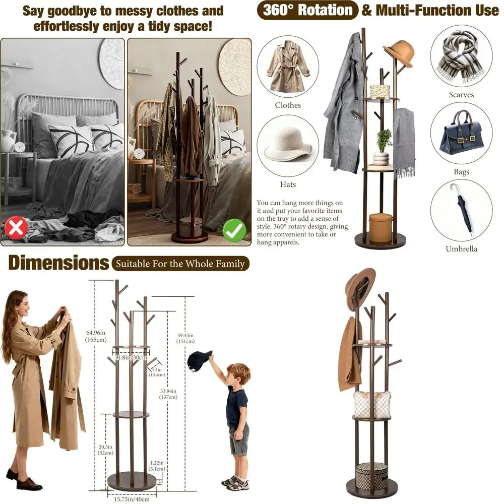 

Freestanding Wooden Coat Rack with 9 Hooks and 3 Shelves for Home and Office Entryways