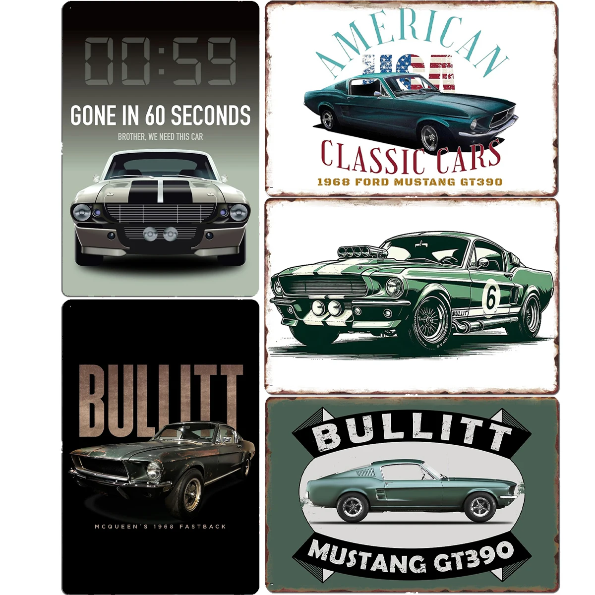 

Shelby GT350 Bullitt Mustang Mach 1 Sports Car Retro GT500 Metal Sign Poster Wall Art Garage Room Decoration Vintage Home Decor