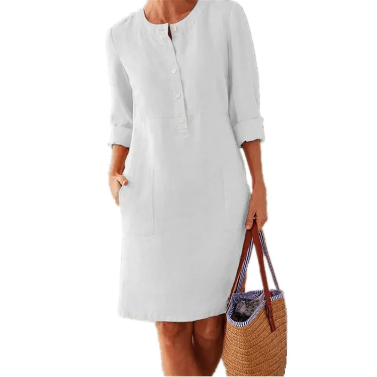 Vrouwen Casual Soild Lange Mouwen Katoenen En Linnen Tuniek Jurk Vintage Rechte Jurk Lange Mouw Oversized Mini Knielengte Jurk - afbeelding 1