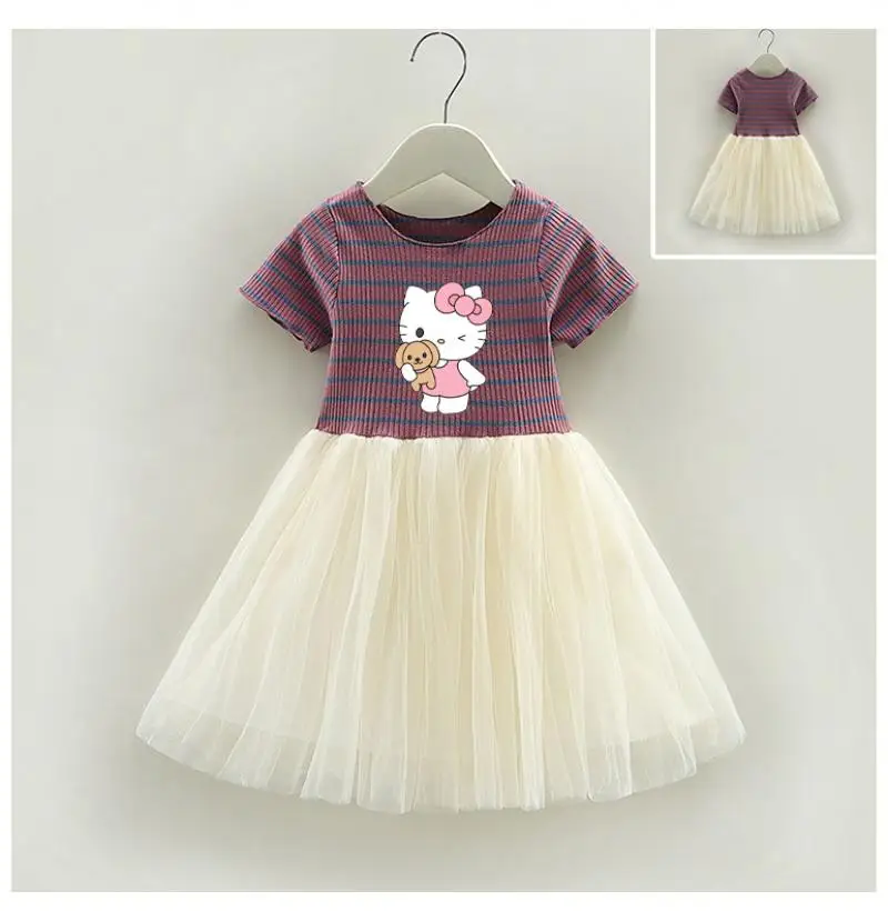 

Kawaii Sanrio Hello Kitty Cinnamoroll Children Dresses Cute My Melody Kuromi Summer Short-Sleeved Printed Girl Princess Dresses