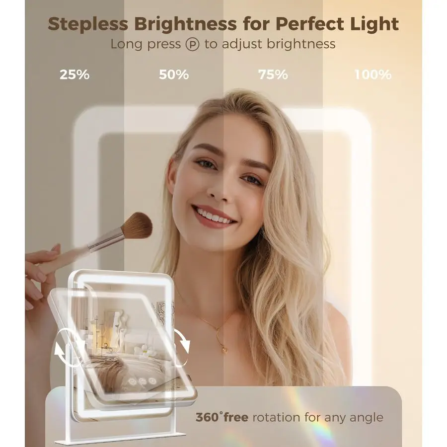 Vanity Mirror with Lights, Lighted Makeup Mirror with 3 Modes, 10X Magnification Mirror, Stepless Brightness, 360 Rotation, Chri