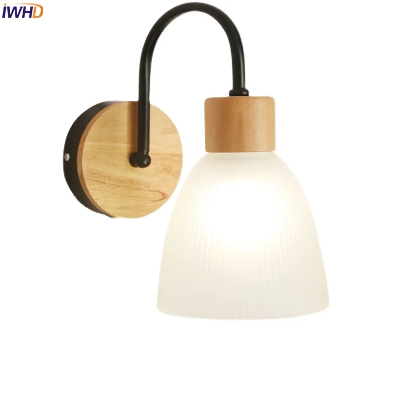 

IWHD Iron Simple LED Wall Lamp Sconce Cafe Bar Living Room Wood Base Modern Glass Bathroom Mirror Light Fixture Lampara De Pared