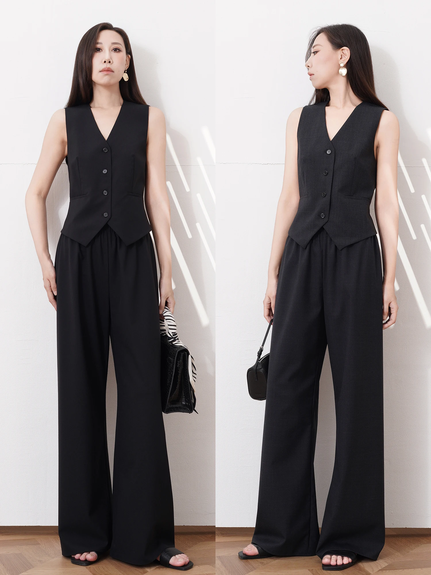 

Ele Slimming Airy Wide Leg Pants High Waist Floor Length Casual Suit Trousers Premium Wool Elastic Waist Spring Autumn