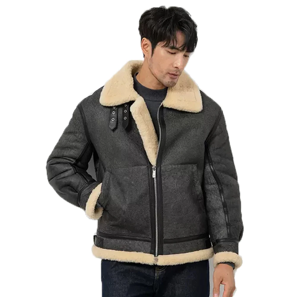 

Denny&Dora Mens Shearling Jacket Mens B3 Black Flight Jacket Winter Thick Warm Sheepskin Coat