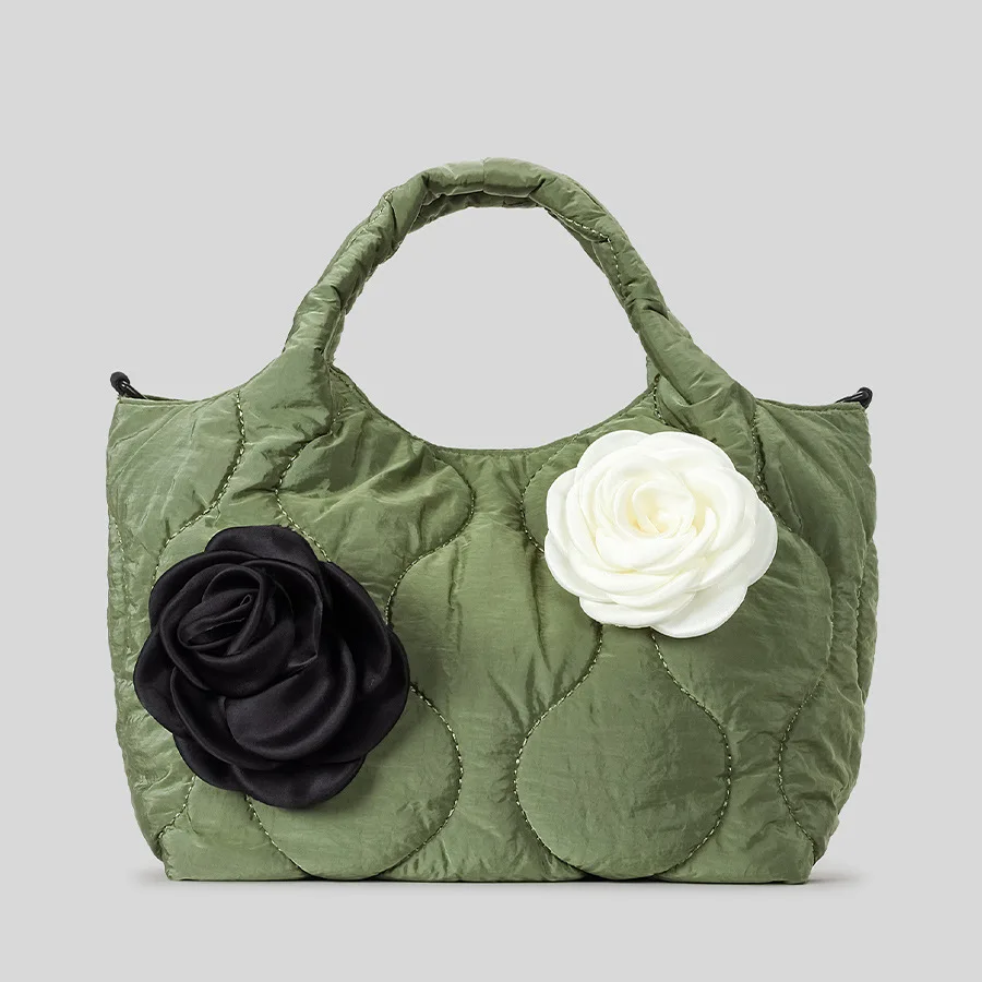 

Elegant Camellia Flower Small Tote Bag Quiled Padded Women Handbags Casaul Nylon Soft Puffer Shoulder Crossbody Bags 2025 Winter