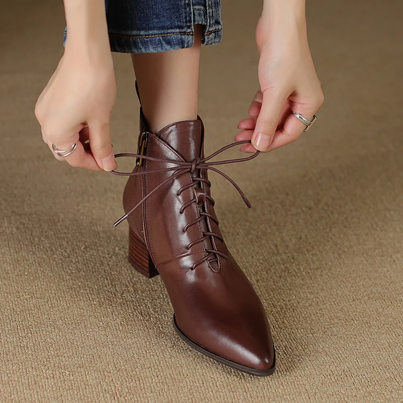 2026autumn winter women ankle boots natural leather 22-25cm washed cowhide+pigskin/plush pointed toe high heel women short boots