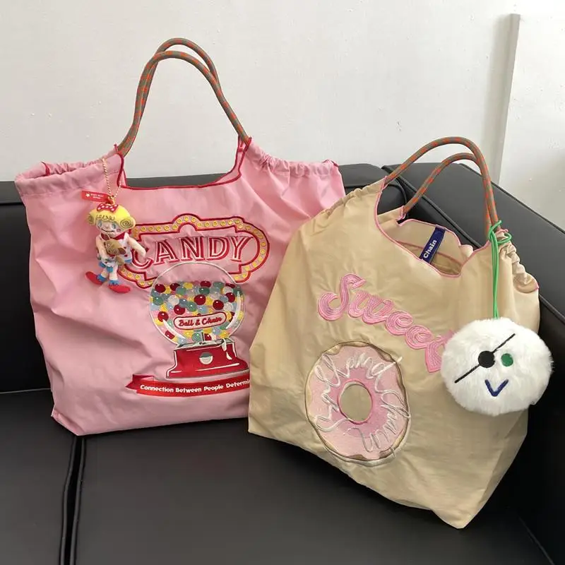 Ball Chain Embroidery Canvas Bag Large-Capacity Bag Girl Kawaii Handbag with Shopping Oxford Bag Shoulder Nylon Bag Girl Gift