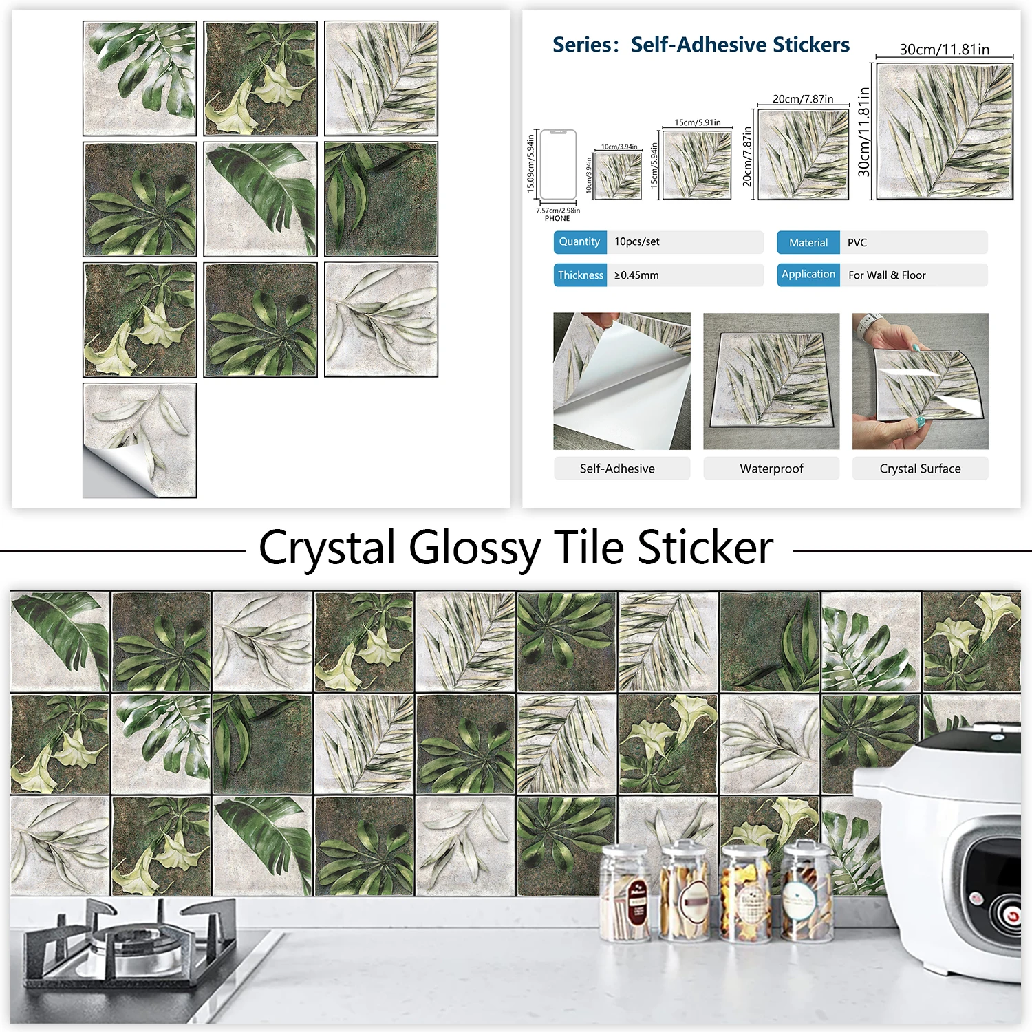 10pcs Retro Plant Hand-painted Style Tiles Sticker Kitchen Backsplash Oil-proof Washbasin Peel & Stick Waterproof Art Wall Decal