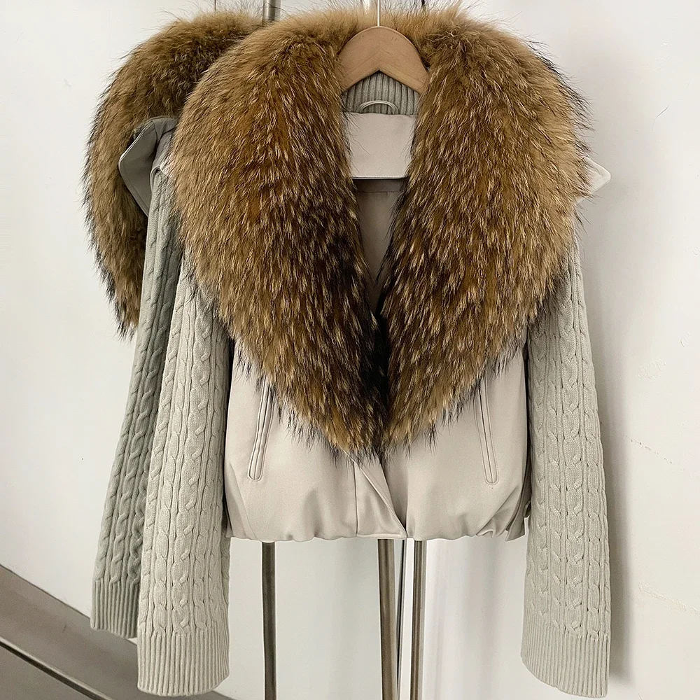 OFTBUY Damen-Pufferjacke mit abnehmbaren Strickärmeln, leichte Daunenjacke mit echtem Fuchspelzkragen, neue Winterkleidung für Damen – Detail 20
