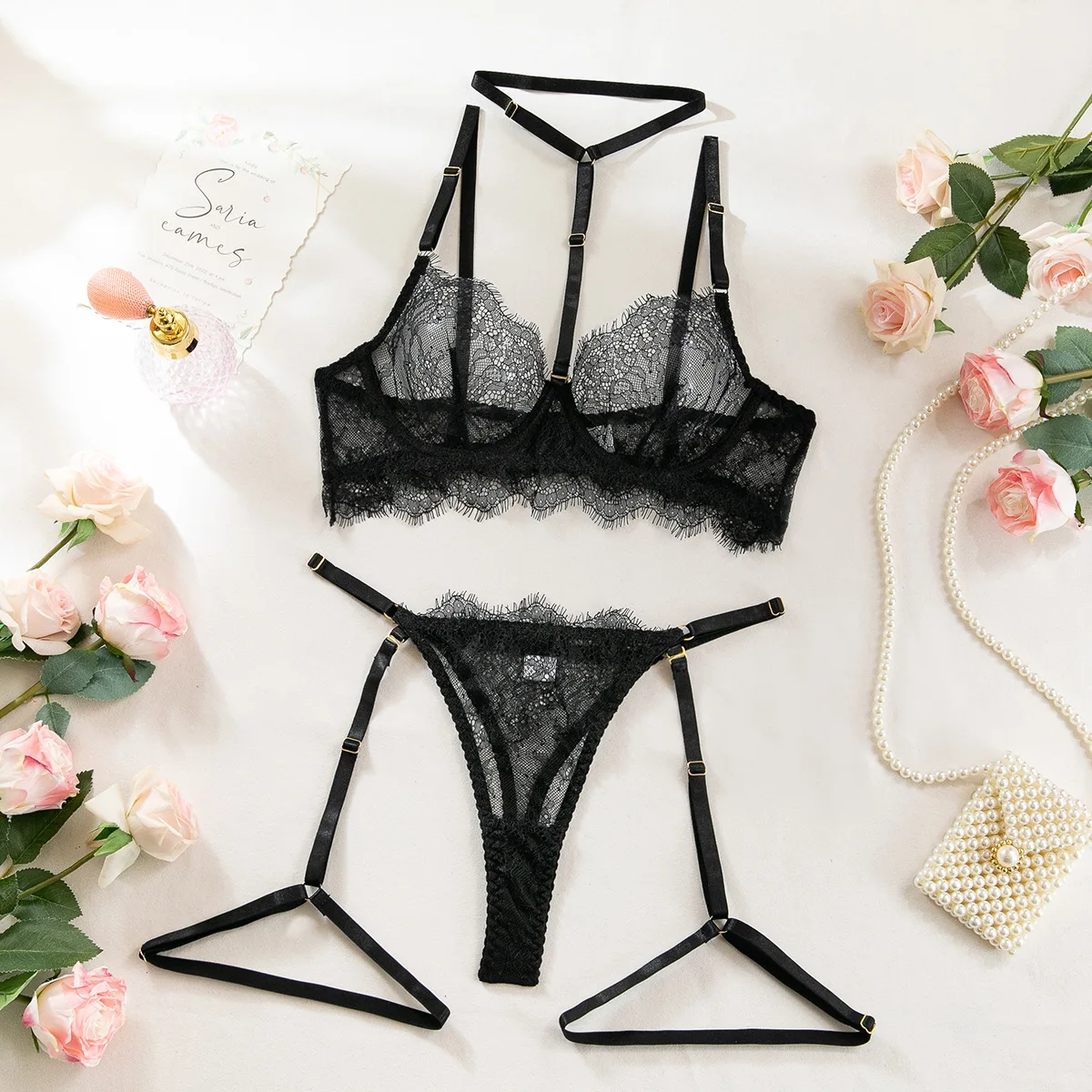 Sexy Lace Perspective Gathered Bra Summer Womens Halter Neck Seductive Underwear Valentine's Day Female Multi Piece Lingerie Set - Image 6