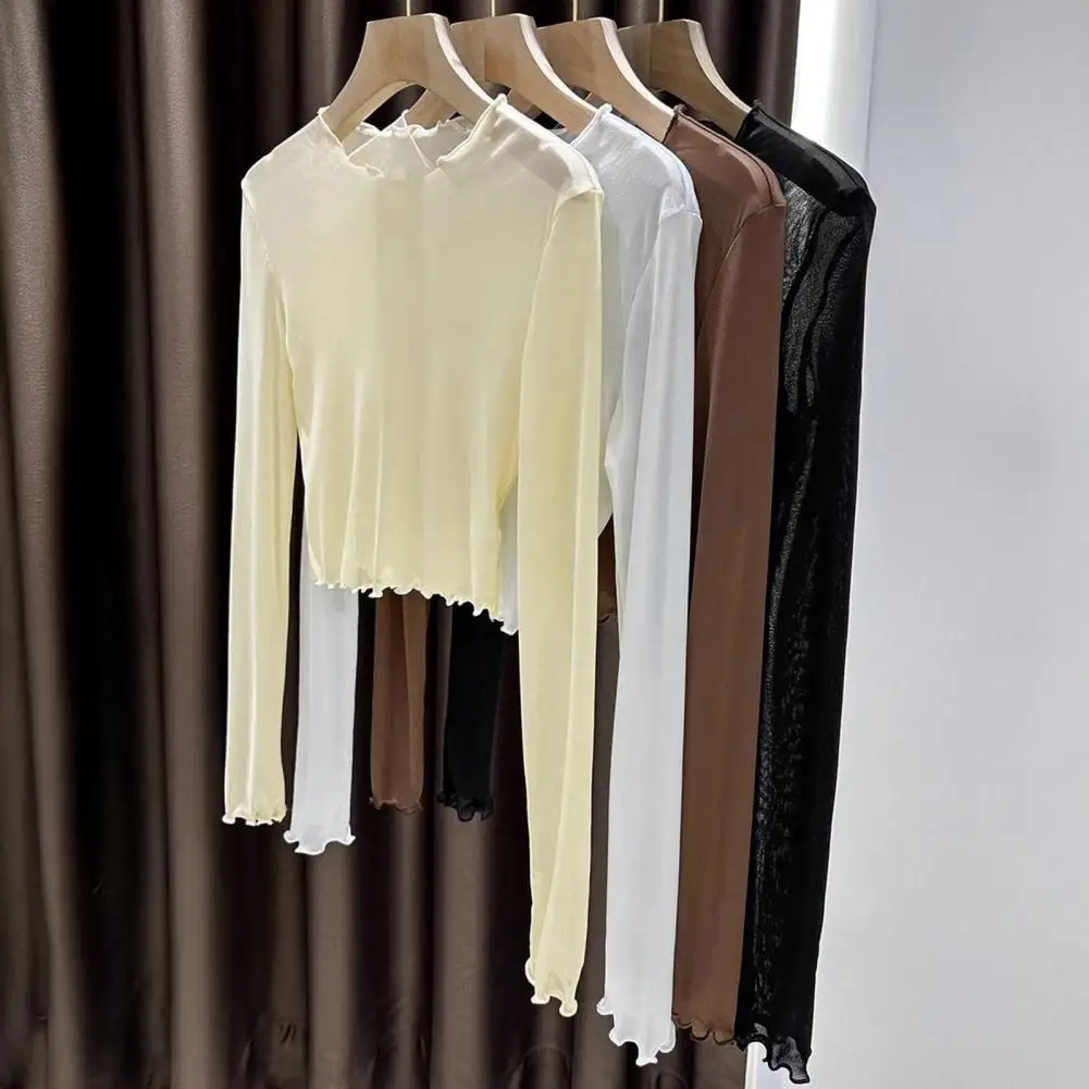 Atasan Dalam Pelindung Matahari Atasan Lengan Panjang Perspektif Jaring Musim Panas Wanita Bergaya untuk Perlindungan Matahari Pakaian Sehari-hari Leher Bulat