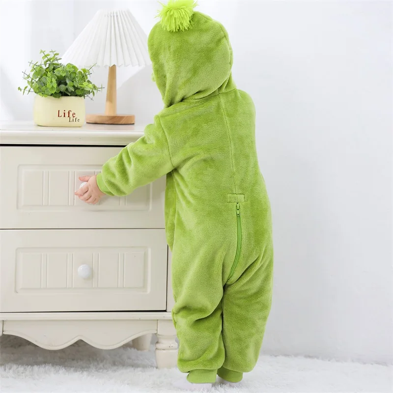 Kids Christmas Costume Green Plush Hooded Zipper Baby Jumpsuit with Facewear for Toddler Cosplay Party Holiday Outfit