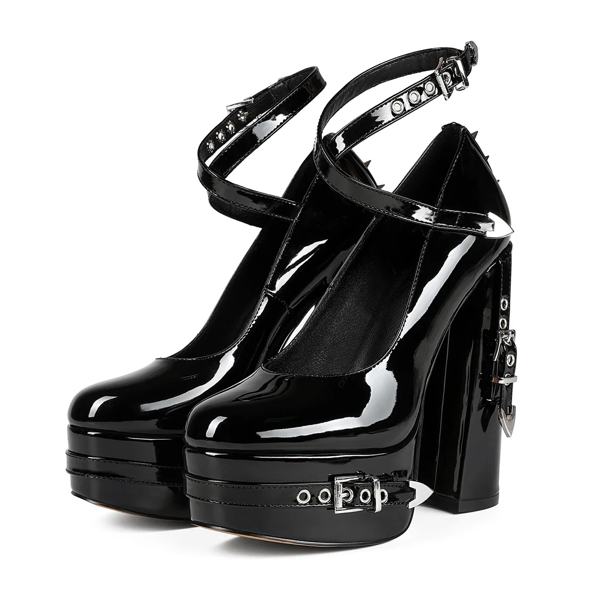 

Gothic Super High Heels Punk Platform Pumps Women Patent Leather Metal Rivet Ankle Buckle Thick High Heel Platform Shoes Woman