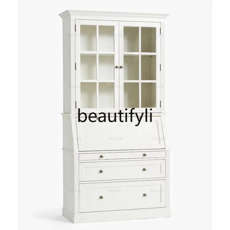 

American Nordic all-solid wood desk cabinet bookshelf combination integrated flip dresser multi-functional writing desk