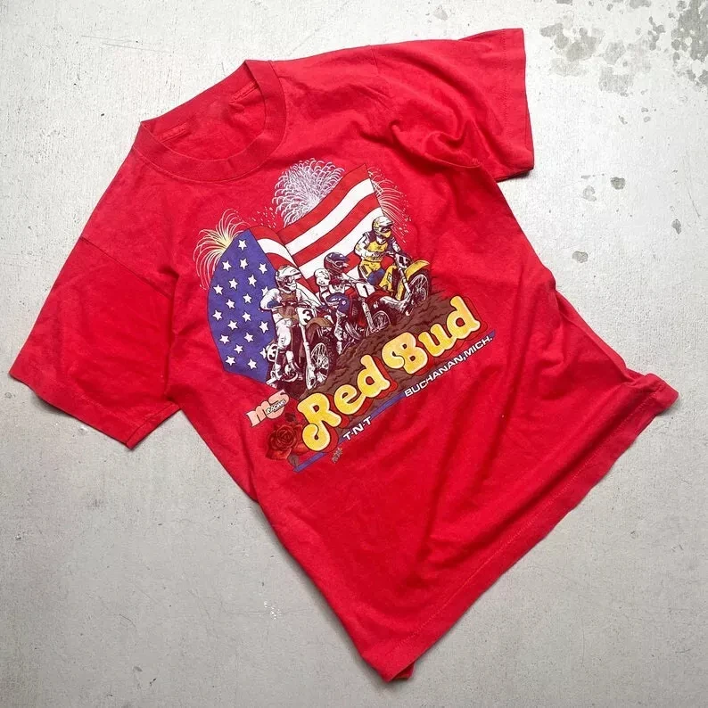 

Vintage Style 1988 Red Bud Pro Motocross National Single Stitch T-Shirt Motorcycle summer preferred high-quality cotton tops