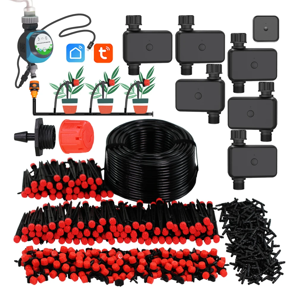 

50-5M 1/4'' Hose Adjustable Dripper Micro Watering Kits Wifi Bluetooth-compatible Timer for Garden Smart Drip Irrigation System