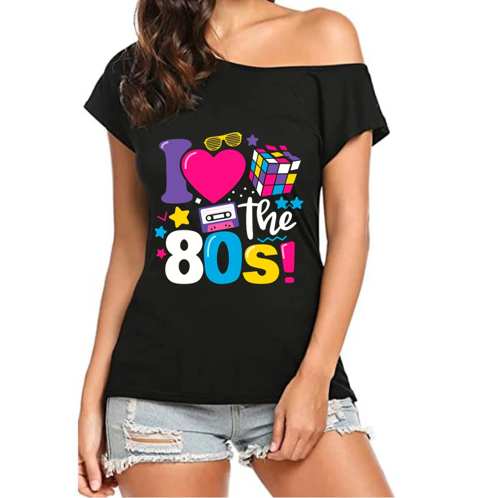 XUANSHOW 2024 Sommer I Love the 80s Emotional Element T-Shirt Sexy Off Shoulder Tops Kurzarm Buchstaben bedrucktes T-Shirt – Detail 5