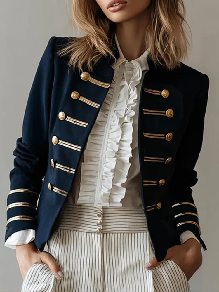 

Women's Military Style Navy Blazer Gold Button Decor Long Sleeve Slim Fit Vintage Coat Fashion Daily Commuter Casual Outerwear