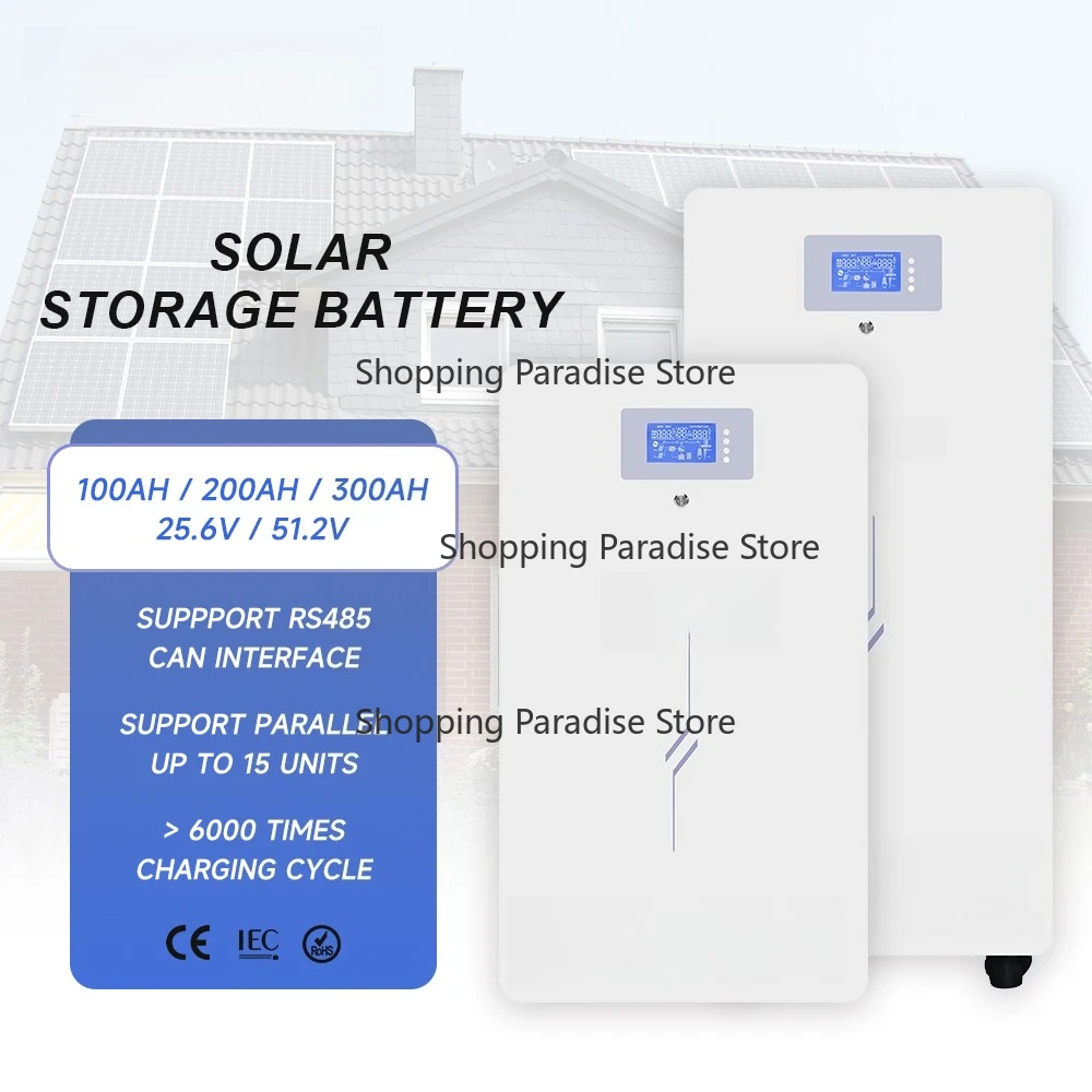 

Wall-mounted Solar Storage Lithium Batteries Pack with Fast Charger 25.6V 51.2V 100A 200A 300A High Capacity Battery
