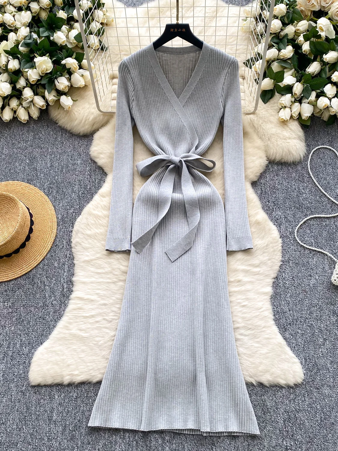 Ele V-ne Lange Sve Gebreide Dr. Slim Fit Hoge Taille A-lijn Rok Koreaanse Sle Pendelen Herfst 2025, Dames Dr