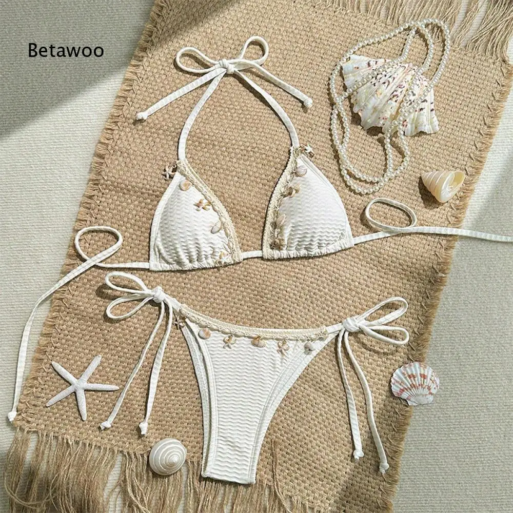 Minimalist Waffle Texture Triangle Halter Tie Side Bikini Bathing Suit