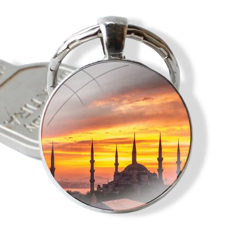 Turkey Istanbul Sceneary Building Custom Keychain Handmade Glass Cabochon Key Ring Holder Pendant Key Chains