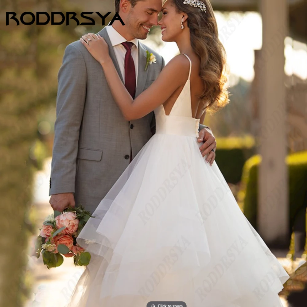 RODDRSYA-vestidos De novia con tirantes finos, tul De encaje, Espalda descubierta, línea A, cuello en V, satén, playa, fiesta De noviavestidos De novia con tirantes finos, tul De encaje, Espalda descubierta, línea A, c