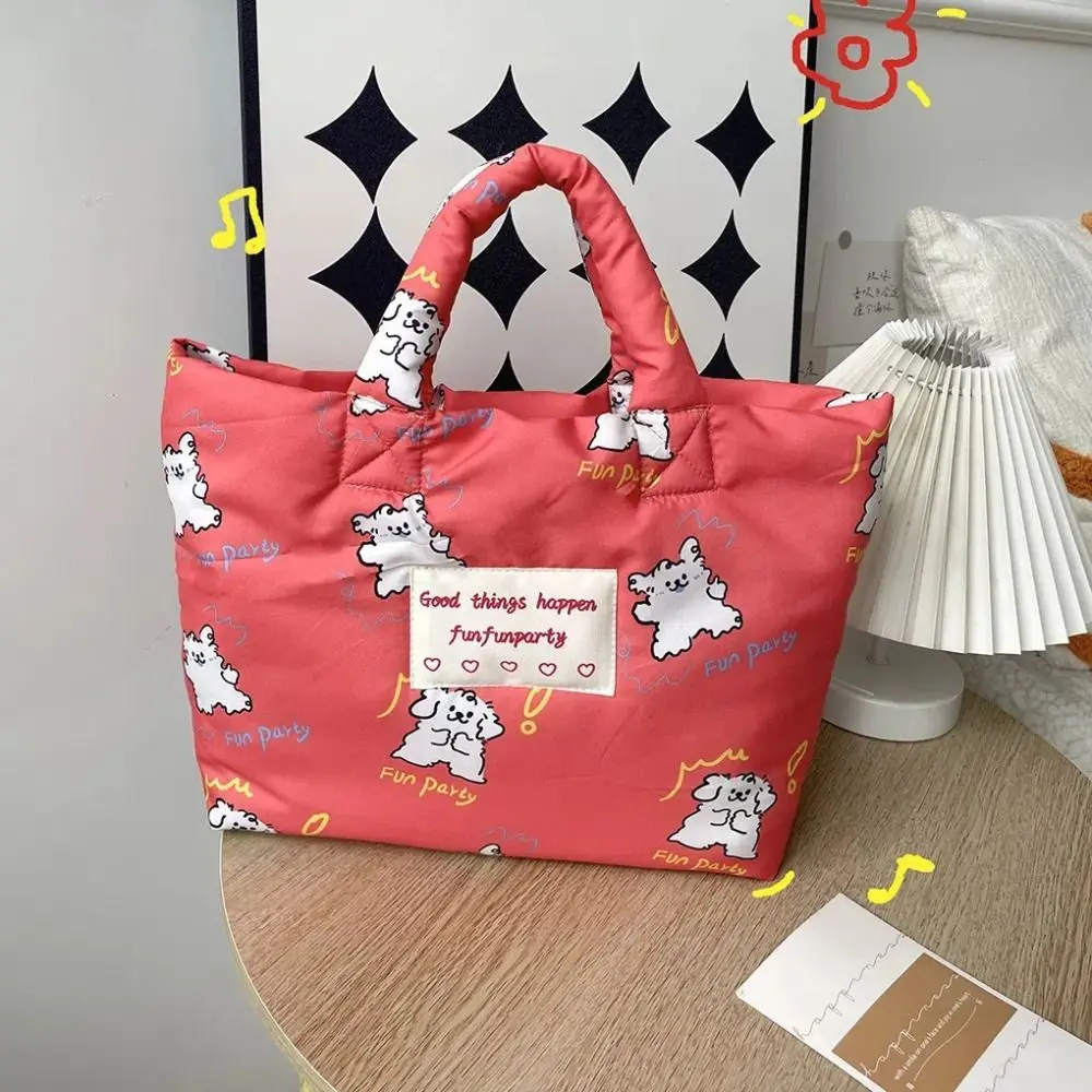 

Cartoon Dog Cotton Padded Tote Bag Tulips Large Capacity Mommy Quilte Handbag Korean Style Portable Flower Shoulder Bag Outgoing