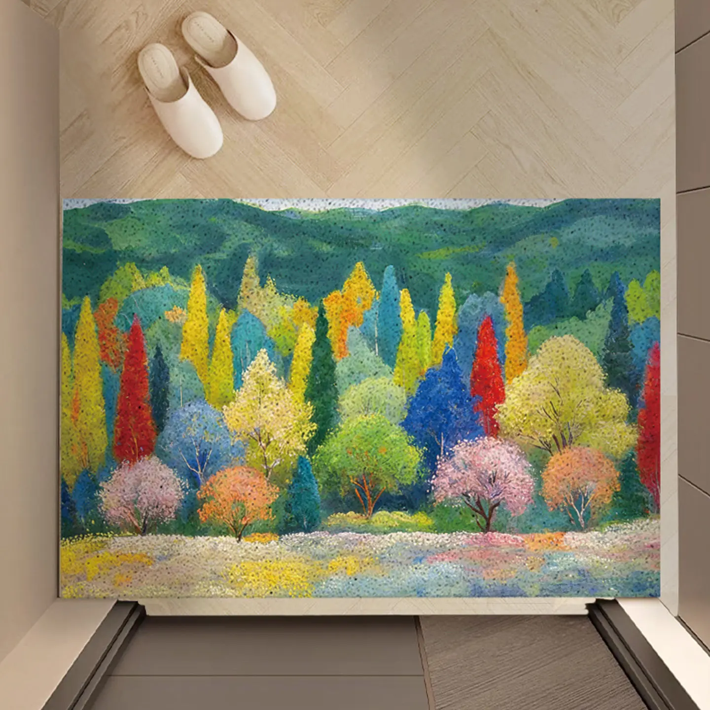 Forest Landscape Oil Painting PVC Wire Loop Coil Doormat Anti Slip Dirt Trapping Easy Clean Entryway Rug Home Decor
