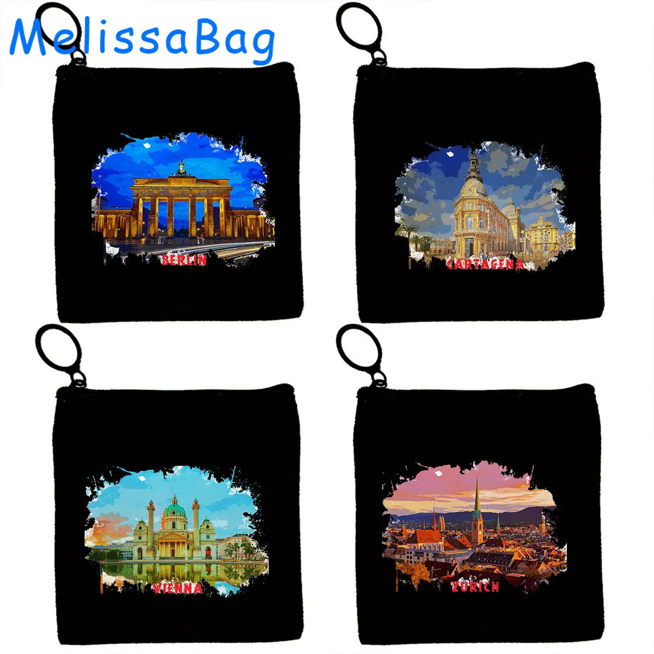 Vienna Austria Zurich Switzerland Berlin Germany Cartagena Colombia Watercolor Ink Painting Canvas Coin Purse Key Case Bag Pouch