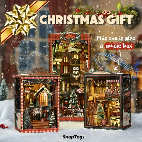 SnapTogs Regalo di Natale Casa in miniatura Libro di Natale Nook Piccola casa delle bambole Roombox Stile Blocchi di costruzione in legno Giocattolo