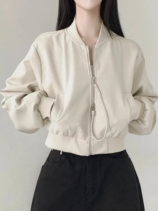 

Корейский дизайн с двойной молнией Кожаный Jaet ort Sve Long irt Женская мода Гонконг Sle Ретро Утягивающий универсальный J...