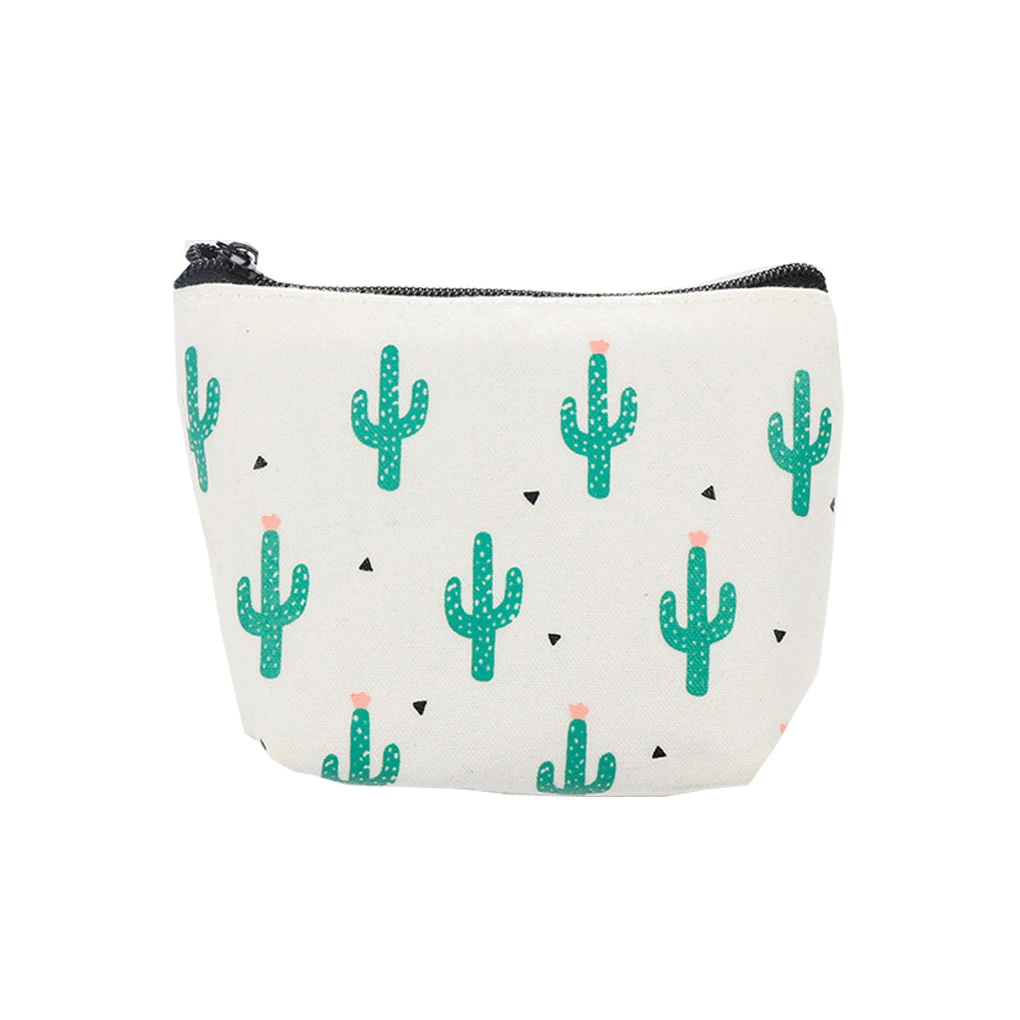 Women Student Canvas Purses Cute Cartoon Cactus Portable Coin Pouch Bag Card Bag Headset Bag