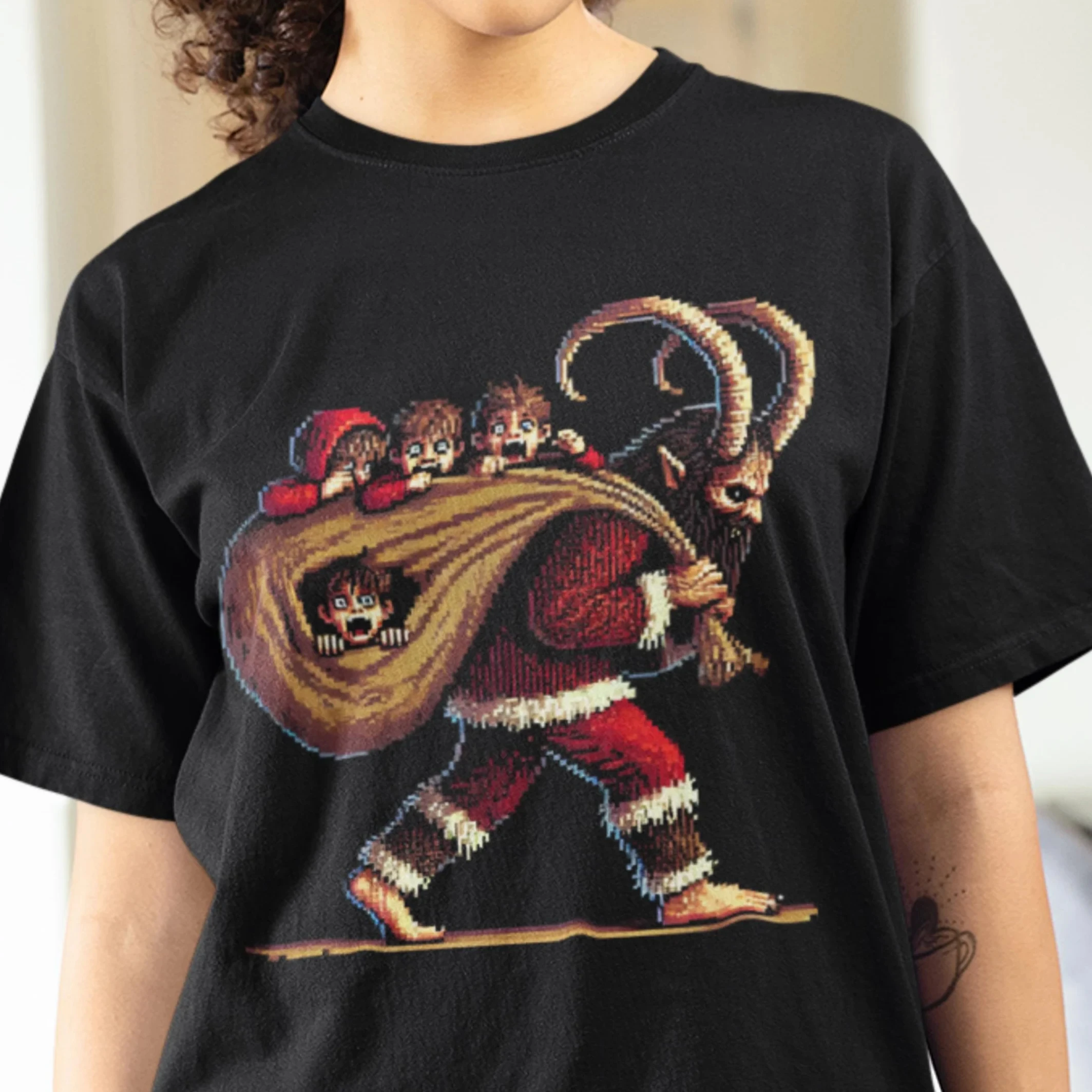 Krampus Pixel Art T-Shirt Retro Christmas Horror Tee Dark Folklore 
