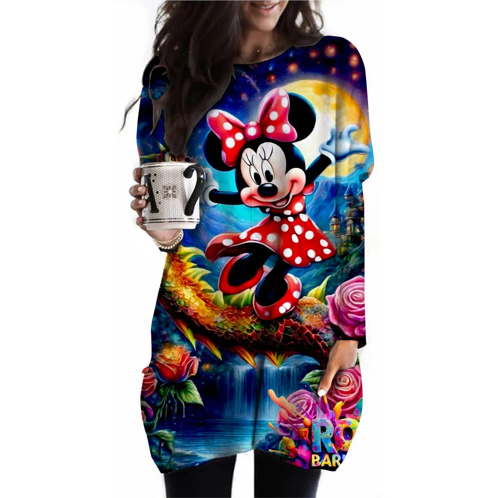 Disney Mickey Mouse Print T Shirt Women Graphic Shirts Casual Long Sleeved Minnie Mouse Pink Female Tee O-neck Harajuku T-shirts