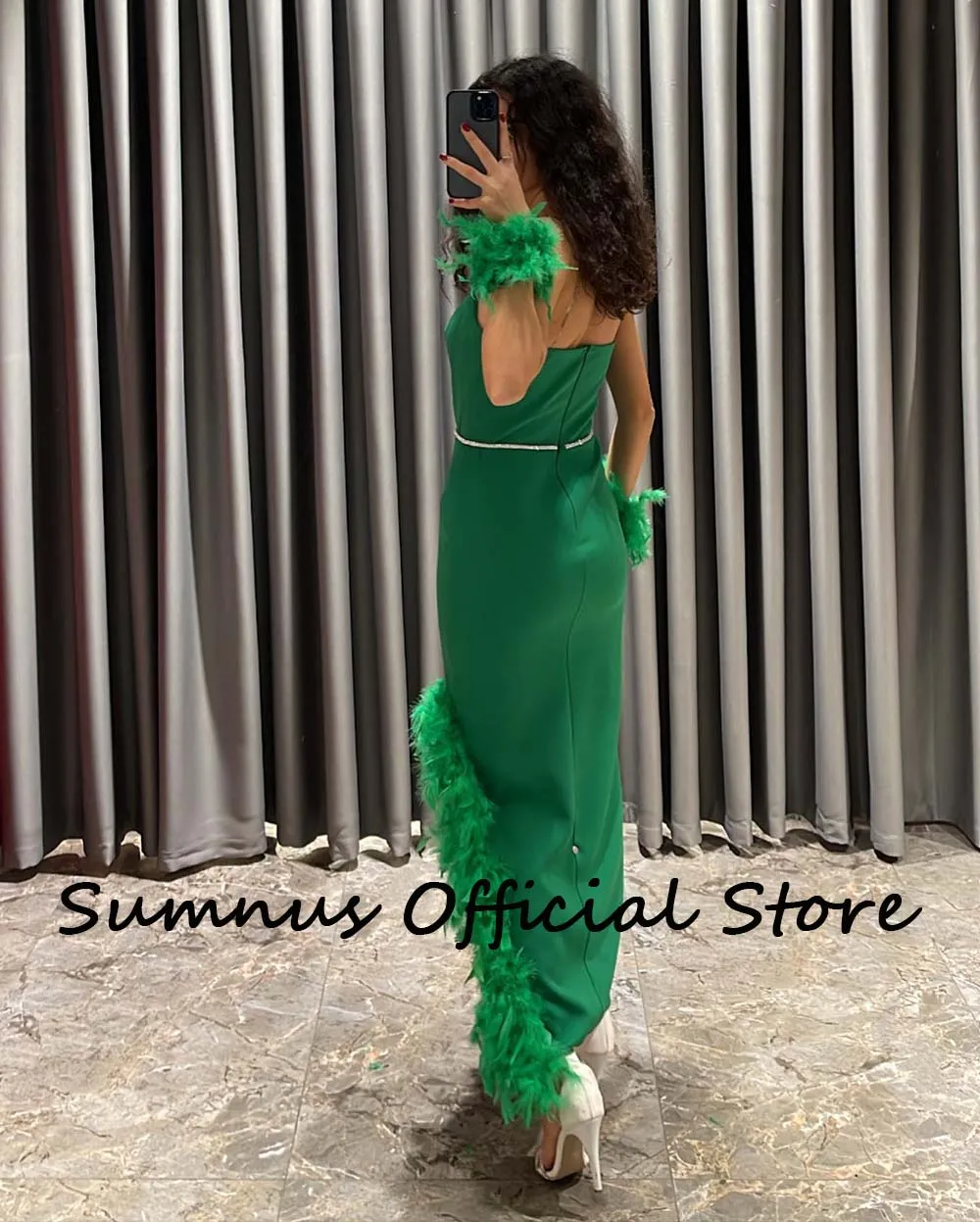 Sumnus verde strapless sereia vestidos de noite penas lado dividir mono cetim saudita árabe casamento vestidos de festa tornozelo comprimento