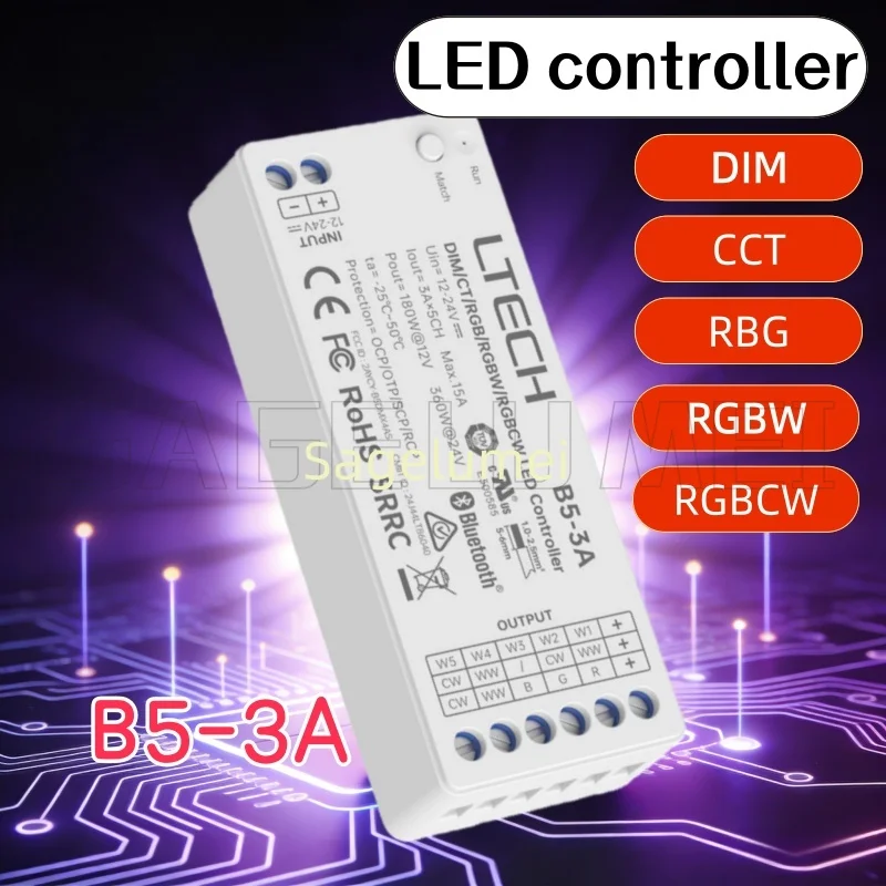 

LTECH B5-3A DIM/CCT/RGB/RGBW/RGBCW Светодиодный контроллер Bluetooth 5.2 SIG Mesh DC12V-DC24V 5 каналов 3A*5CH Макс.15A постоянное напряжение