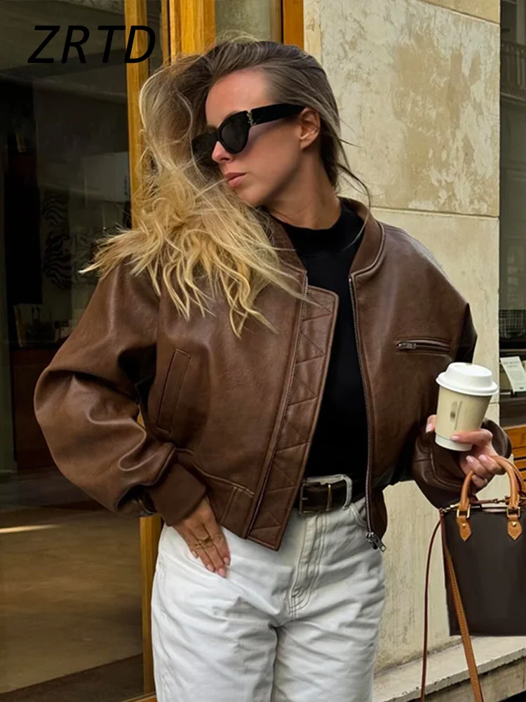 Vintage Zipper Leather Bomber Jackets Women Loose O-neck Long Sleeve Short Coats 2024 Autumn Lady Locomotive Style Outwear New