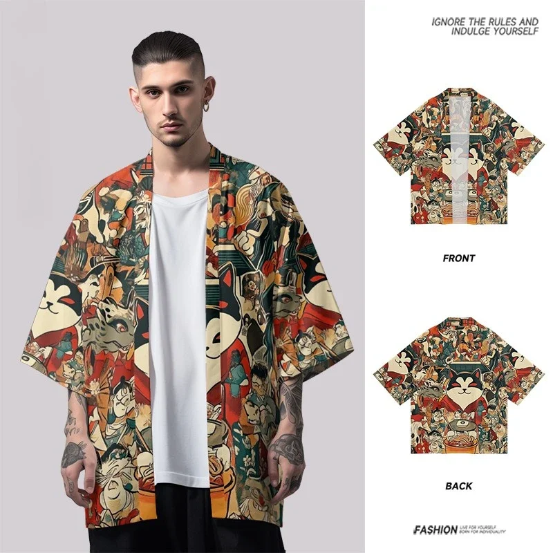 المرأة عارضة فضفاض كيمونو الملابس اليابانية التقليدية الرجال أنيمي القط المطبوعة 2025 الصيف الشاطئ سترة Haori