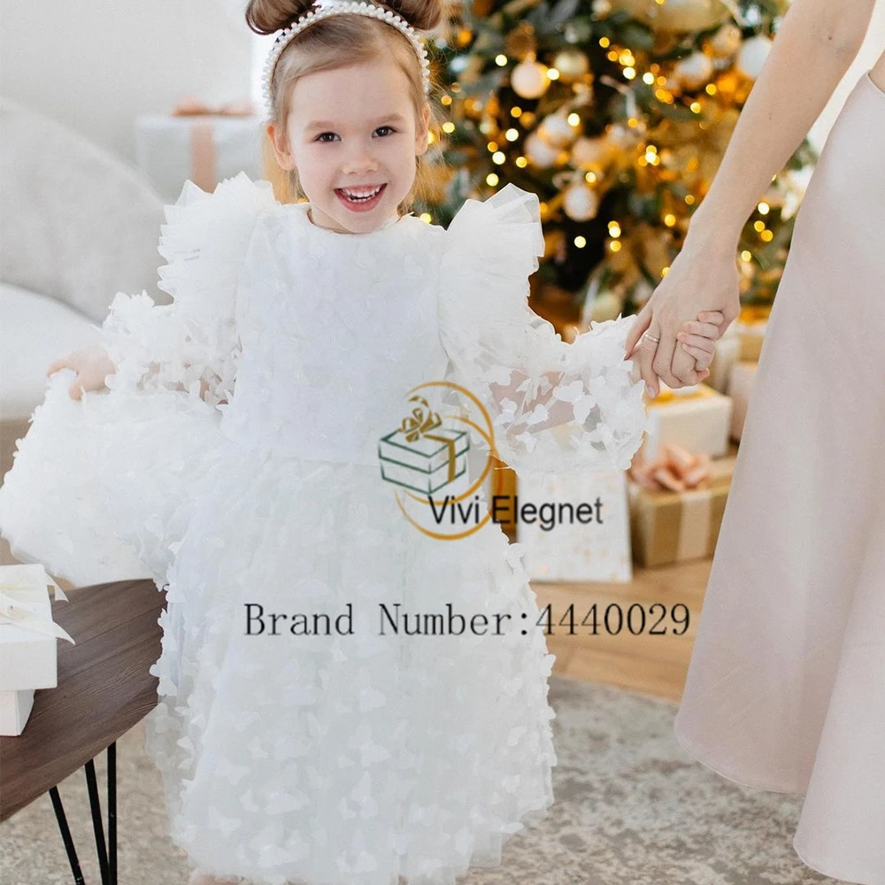 Vestidos blancos de flores con encaje para niñas, vestidos de fiesta de boda de línea A, manga larga, cremallera trasera, 2024