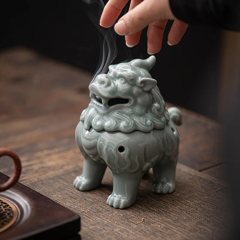 Lion dragon celadon ceramic plate incense burner
