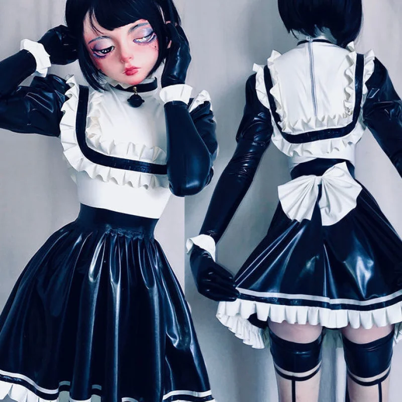 

Sexy Latex Dress Cosplay Rubber Skirt Ruffle Bow Decoration