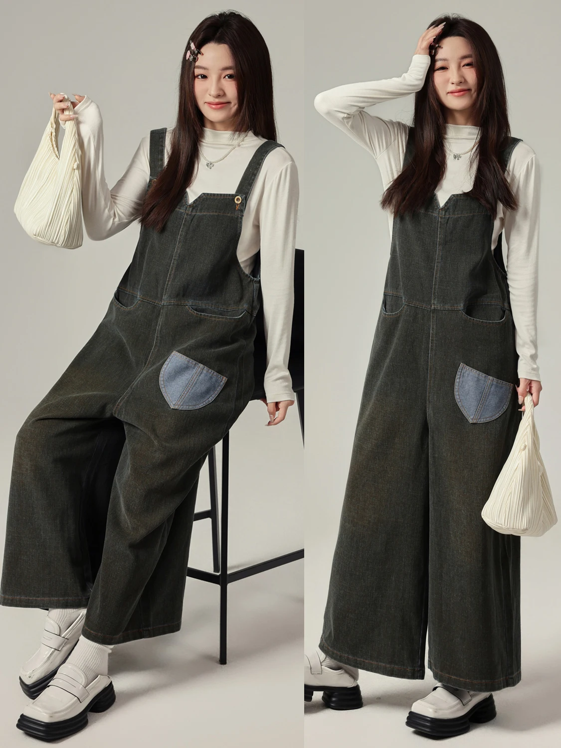 

Ретро-комбинезон из денима в оригинальном стиле, модный, женский, с высокой талией, свободного кроя, повседневный, осенне-зимний, синий цвет