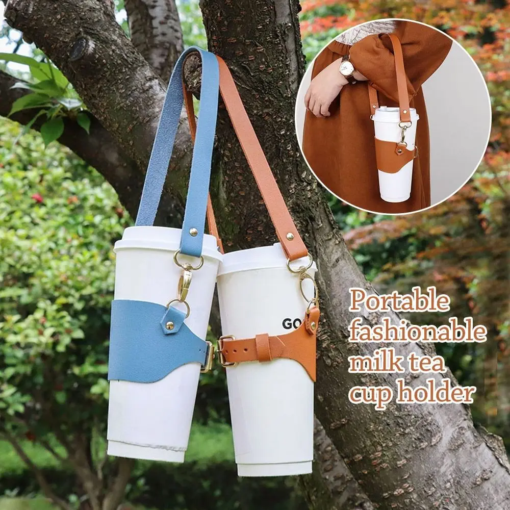 PU Leather Travel Cup Holder Lanyard Water Cup Holder Heat-insulated Hand-held Cup Holder Mug Coffee Milk Tea Cup Accessories
