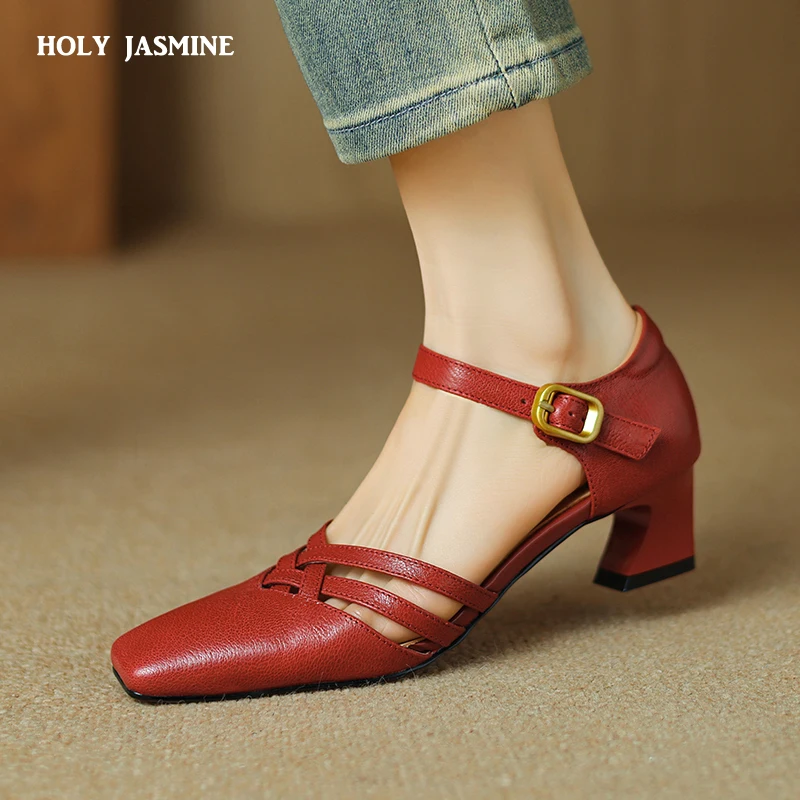 Genuine Leather Sandals Women Square Toe Chunky Heel Women Shoes 2024 New Summer Shoes for Women Giadiator Shoes Sandalias Mujer