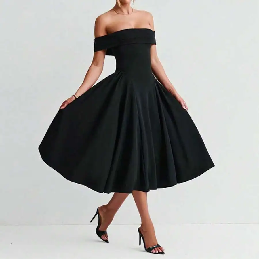 

Off Shoulder Solid Color Midi Dress Women Formal Chic Party Dress